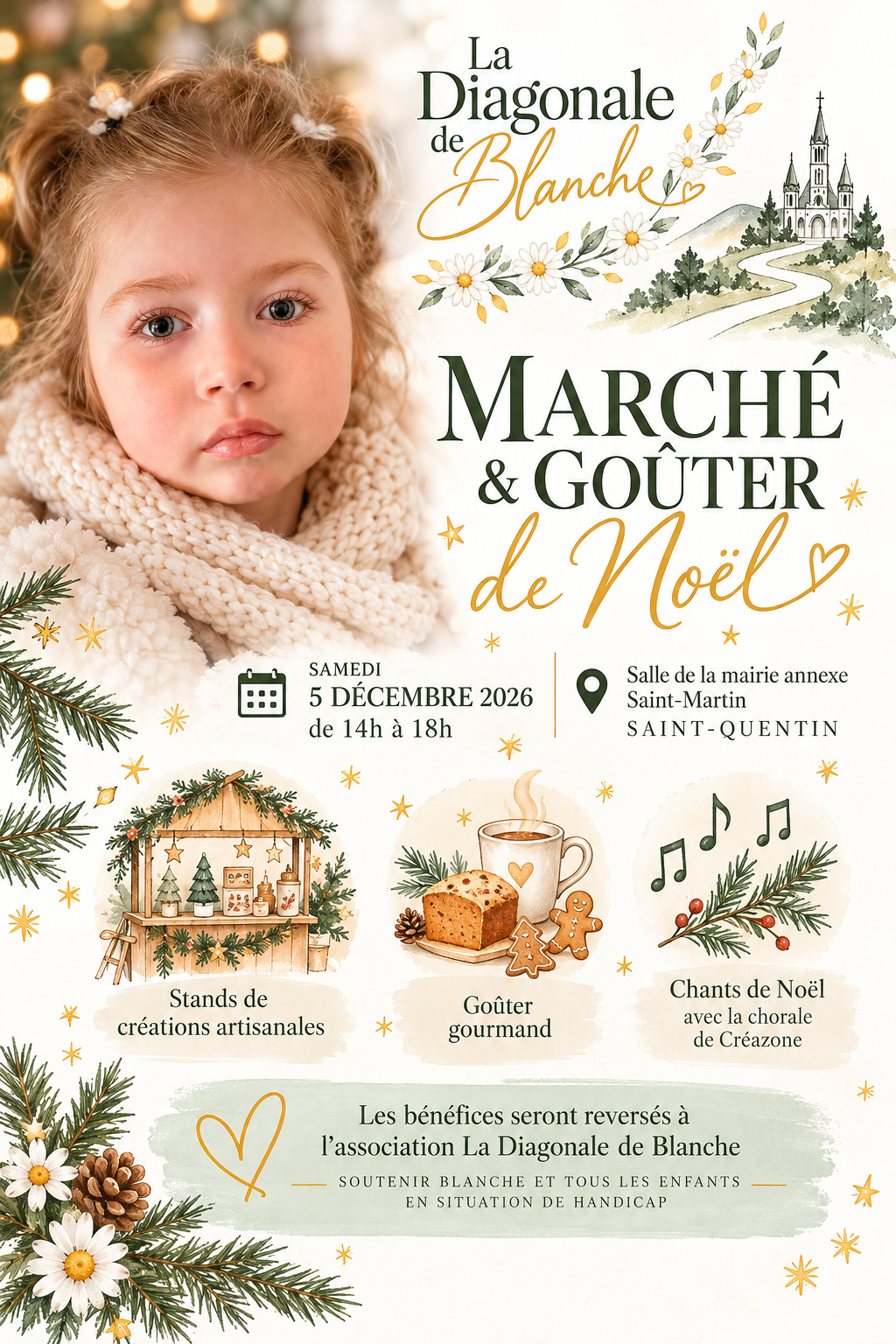 Affiche officielle : Marché & goûter de Noël, samedi 5 décembre 2026, de 14h à 18h, salle de la mairie annexe Saint-Martin à Saint-Quentin. Créations artisanales, goûter gourmand et chants de Noël avec la chorale de Créazone.